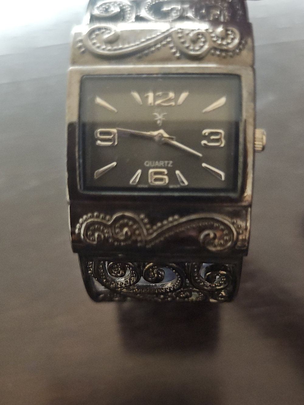 Womens Ornate Silver-Tone Quartz Bracelet Watch - Black Dial
